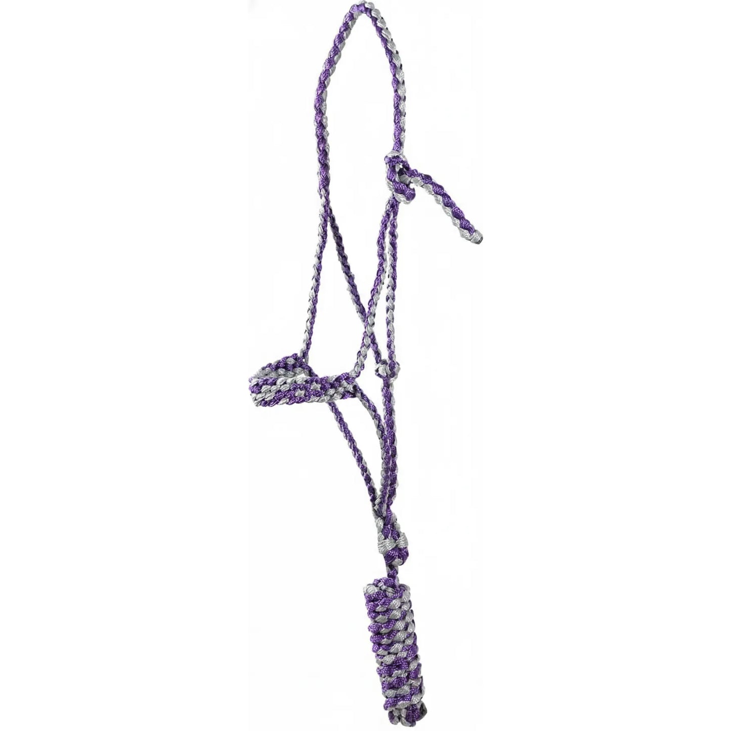 Classic Equine Flat Braid Halter & Lead set in purple and silver mule tape poly. This durable rope halter features a comfortable flat braided noseband and an integrated lead rope with a heavy braided end. Designed for strength and a soft feel, this stylish horse tack is perfect for training or everyday use. High-quality equestrian equipment combining a vibrant two-tone color scheme with professional-grade performance.