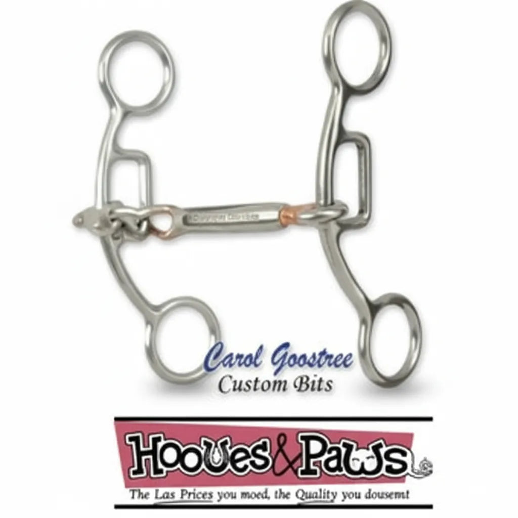 Classic Equine Carol Goostree Gag Horse Bit featuring a three-piece stainless steel mouthpiece with copper inlays. This expertly crafted equestrian bit offers precise control with sliding gag shanks, perfect for barrel racing or performance training. Durable and rust-resistant stainless steel construction ensures long-lasting quality. A premium choice for riders seeking refined communication, available at Hooves & Paws in a 5" to 5-1/8" size.