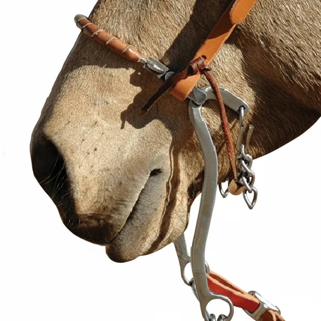 Classic Equine Hackamore featuring a tan braided leather noseband and 9-inch stainless steel cheeks. This high-performance western horse tack offers precise bitless control, featuring curved shanks, a metal curb chain, and a durable brown leather headstall. Perfect for professional western riding, training, and riders looking for a premium bitless bridle alternative.