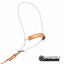 Classic Equine Headset Tiedown featuring 3/8" hard white nylon double rope and a protective tan leather-covered nosepiece. This premium western horse training aid provides effective control and head position guidance. Includes durable knotted construction and a sturdy metal snap hook for quick cinch attachment. Ideal for professional trainers and western riders looking for high-quality, long-lasting equestrian equipment.