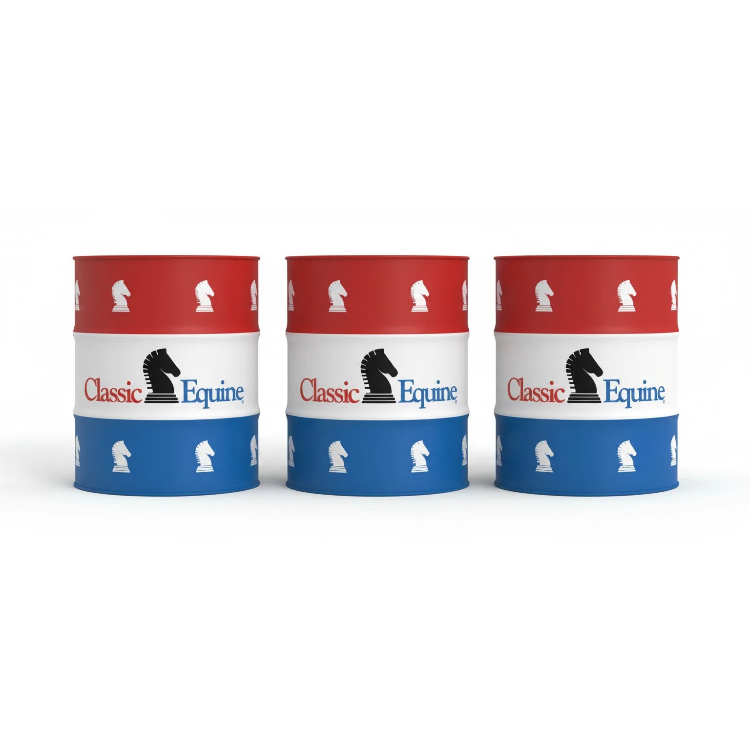 Set of 3 Classic Equine heavy-duty vinyl barrel covers featuring a patriotic red, white, and blue striped design. Each cover showcases the Classic Equine logo and repeating white horse head icons. These durable, weather-resistant covers fit standard 44-gallon barrels, making them perfect for professional barrel racing, rodeo practice, and equestrian arena branding. A stylish and functional addition to any horse trainer's or competitor's gear collection.