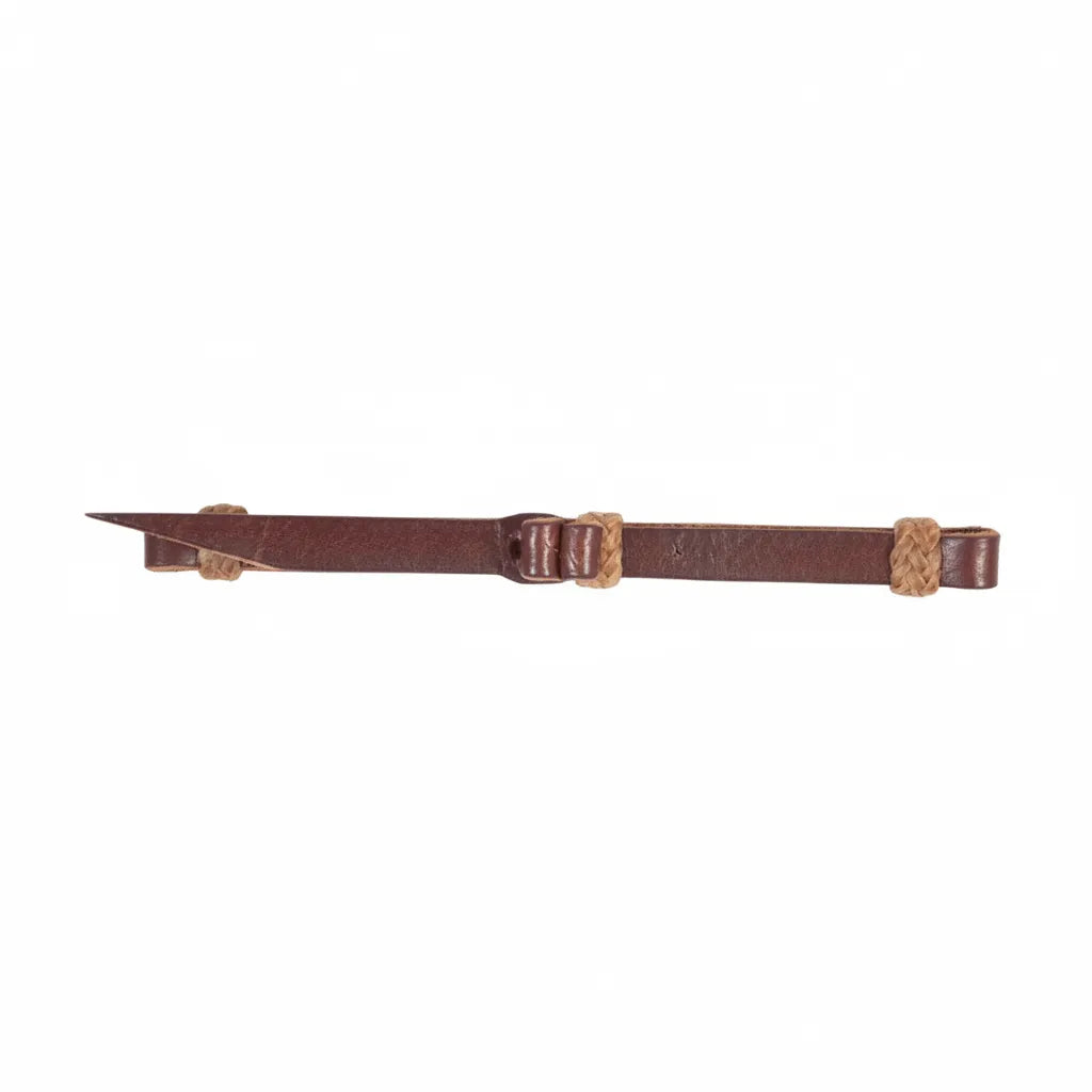 Classic Equine Leather Bit Hobble featuring a rich dark brown premium leather strap accented with four intricate braided rawhide loops. Designed for Western riders seeking shank stability and enhanced control, this durable horse tack accessory combines traditional craftsmanship with functional performance. Perfect for training or everyday riding, it’s an essential piece of high-quality equestrian equipment.