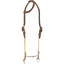 Classic Equine Loomis Draw Gag Bit & Headstall Set featuring a stainless steel smooth snaffle and dark brown leather one-ear headstall. This professional horse tack includes tan nylon draw cords and adjustable silver-toned buckles with white contrast stitching. Ideal for western training to refine a horse's head carriage and responsiveness, this set combines durability with a classic look for any equestrian.