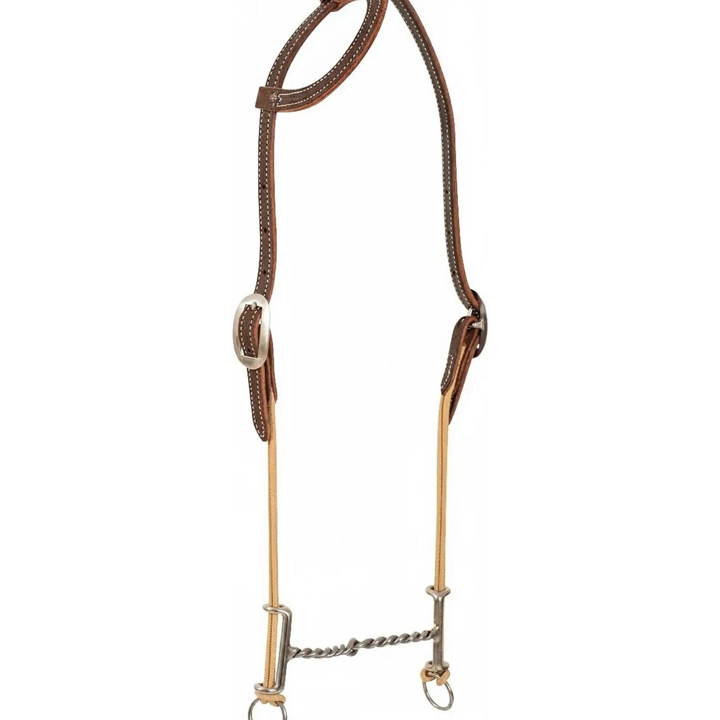 Classic Equine Loomis Gag Bit & Headstall Set in Chocolate. This professional horse training tack features a twisted wire snaffle mouth with tan rope sliding gag cheeks. The premium dark brown leather headstall includes decorative white stitching and two silver buckles for a polished western look. Perfect for barrel racing, training, and performance horses needing responsive communication.