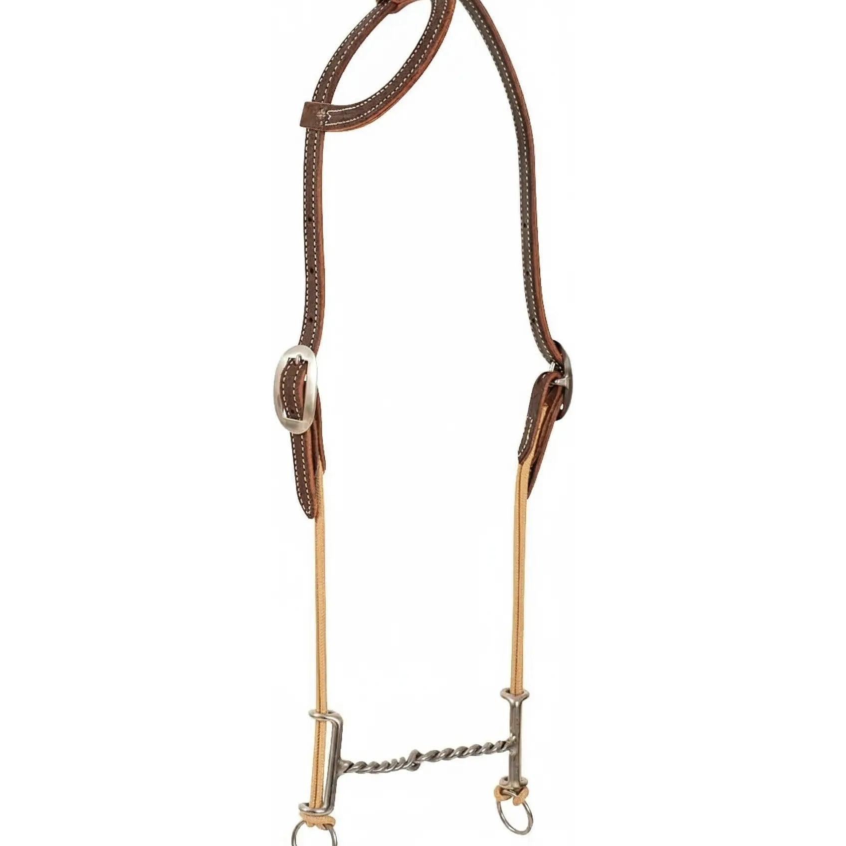 Classic Equine Loomis Gag Bit & Headstall Set in Chocolate. This professional horse training tack features a twisted wire snaffle mouth with tan rope sliding gag cheeks. The premium dark brown leather headstall includes decorative white stitching and two silver buckles for a polished western look. Perfect for barrel racing, training, and performance horses needing responsive communication.
