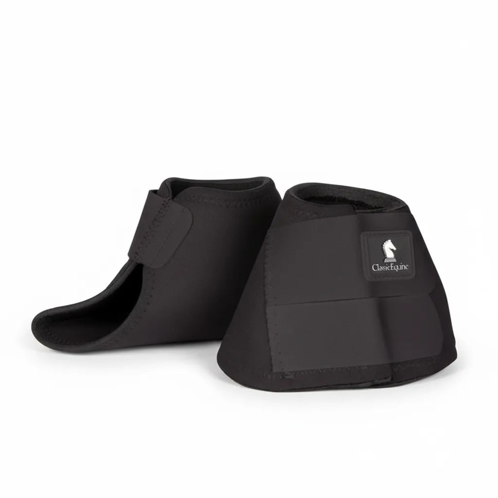 Classic Equine Neoprene Bell Boots in black, designed for shock-absorbing hoof and heel protection. These durable horse boots feature a double hook-and-loop closure for a secure fit and a soft neoprene construction to prevent rubbing. Ideal for performance horses and preventing overreach injuries during riding or turnout.