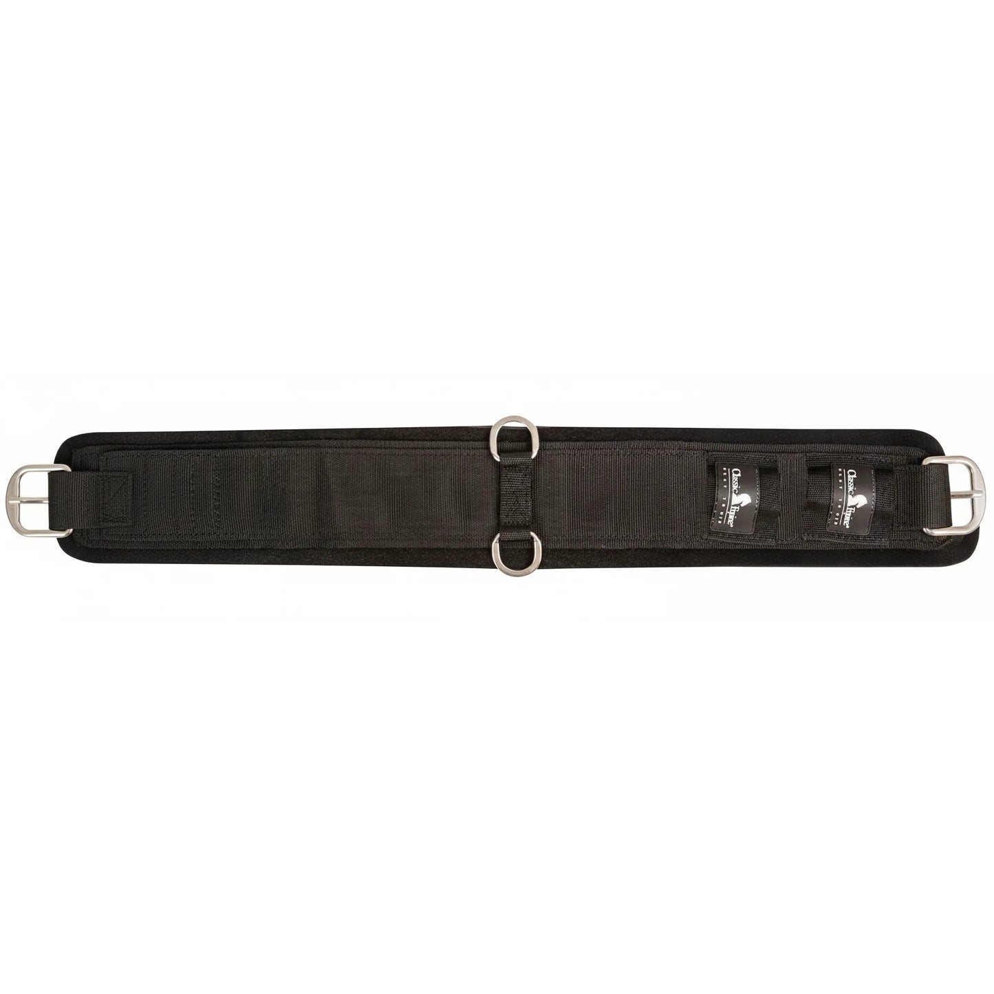 Classic Equine Black Neoprene Cinch featuring 9mm limestone neoprene for ultimate horse comfort and durability. This western cinch includes high-quality stainless steel buckles on both ends and centered D-rings for easy attachment. Designed with heavy-duty nylon webbing, it offers a secure, nonslip fit for performance riding. A premium choice for riders seeking a long-lasting, easy-to-clean girth that prevents chafing and irritation.