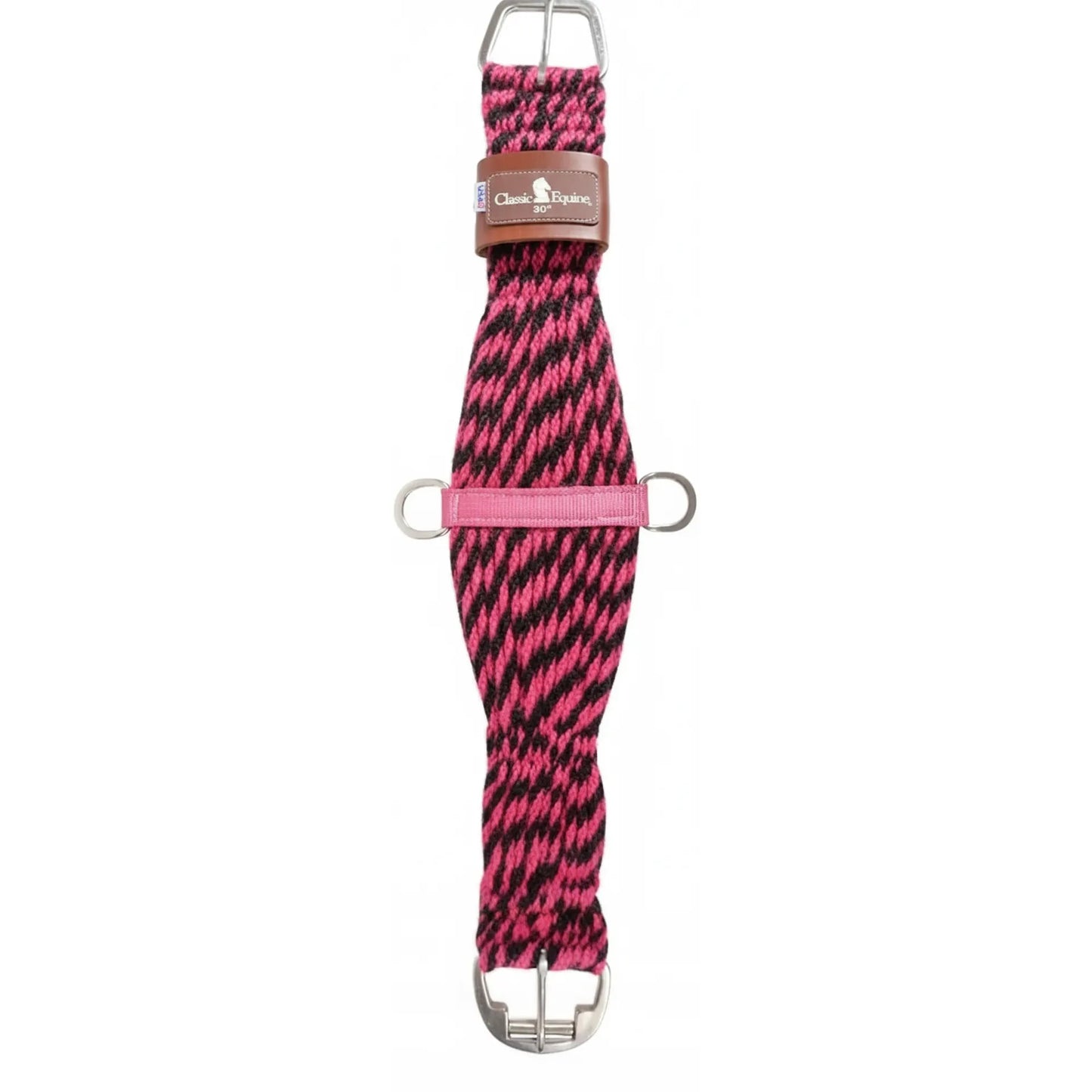 Classic Equine Pink and Black Mohair Western Horse Cinch features a 27-strand 100% mohair weave for maximum comfort and durability. This vibrant pink and black patterned cinch includes high-quality stainless steel roller buckles, D-rings for attachments, and a branded leather keeper. Ideal for western performance, trail riding, or barrel racing, this stylish horse girth provides a secure fit while preventing chafing. Premium horse tack for the fashion-forward rider.