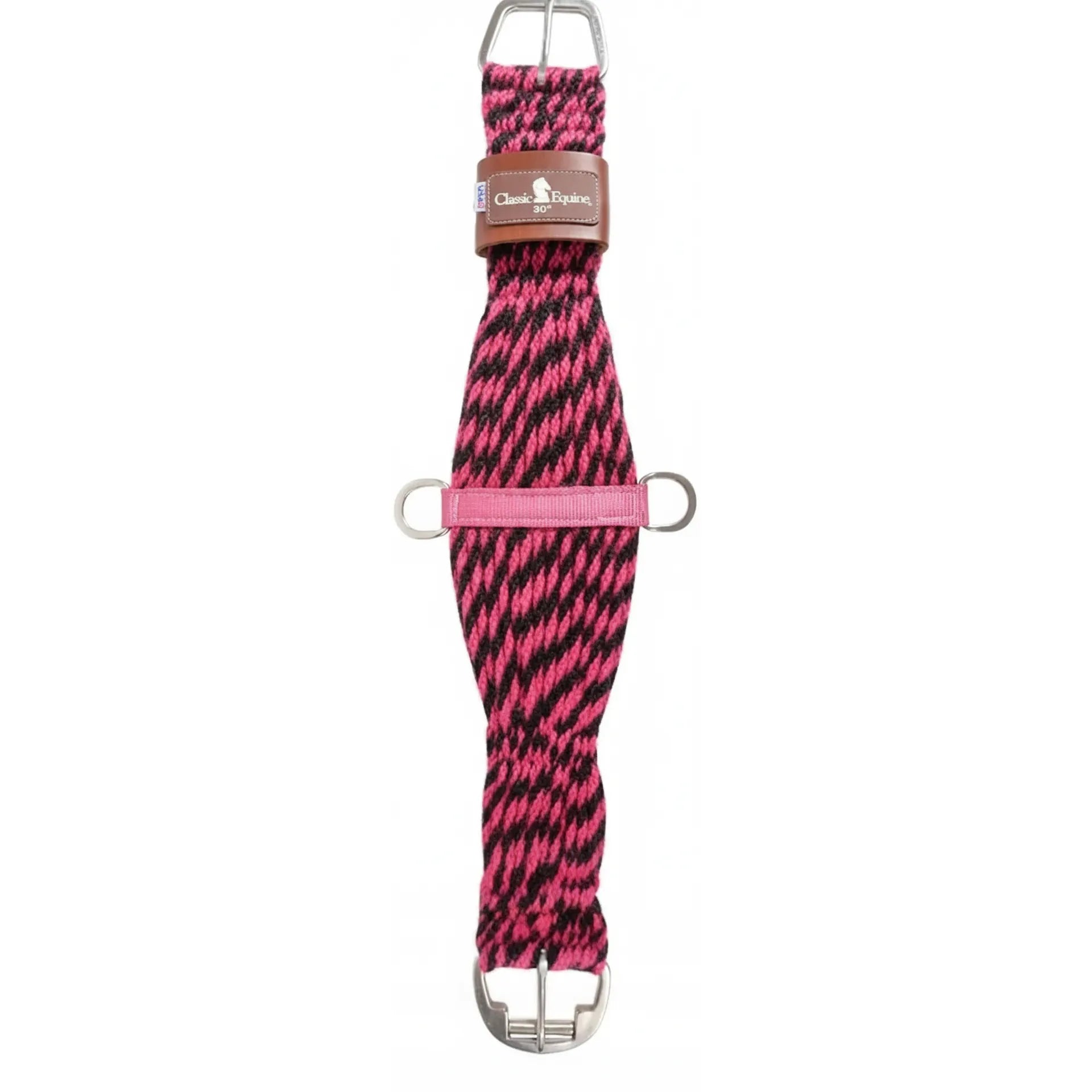 Classic Equine Pink and Black Mohair Western Horse Cinch features a 27-strand 100% mohair weave for maximum comfort and durability. This vibrant pink and black patterned cinch includes high-quality stainless steel roller buckles, D-rings for attachments, and a branded leather keeper. Ideal for western performance, trail riding, or barrel racing, this stylish horse girth provides a secure fit while preventing chafing. Premium horse tack for the fashion-forward rider.
