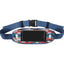 Classic Equine Pueblo Phone Pack hands-free smartphone holder for horse riding, featuring a vibrant red, turquoise, and blue southwest geometric pattern. This 10.5" x 4.5" equestrian waist pack includes a clear touch-screen compatible window with a phone inside, dual white knight logos, and an adjustable blue webbing belt with a black buckle. A stylish and functional equestrian accessory for trail riding or schooling.