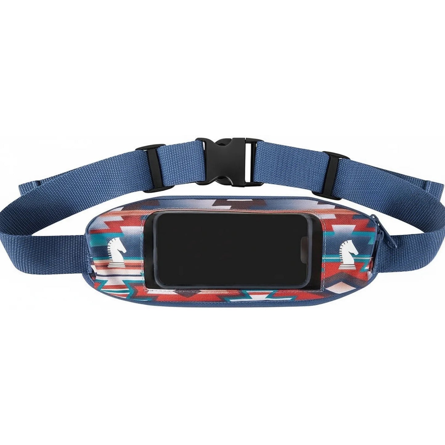 Classic Equine Pueblo Phone Pack hands-free smartphone holder for horse riding, featuring a vibrant red, turquoise, and blue southwest geometric pattern. This 10.5" x 4.5" equestrian waist pack includes a clear touch-screen compatible window with a phone inside, dual white knight logos, and an adjustable blue webbing belt with a black buckle. A stylish and functional equestrian accessory for trail riding or schooling.