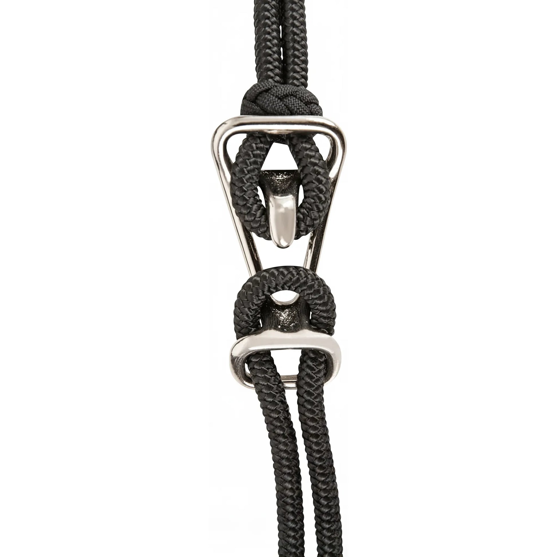 Classic Equine Quick Change Halter with 9ft lead. Detailed view of the polished silver buckle system and durable black braided rope. This secure equestrian hardware allows for fast and easy adjustments, perfect for horse training and everyday handling. High-quality horse tack designed for performance and reliability.
