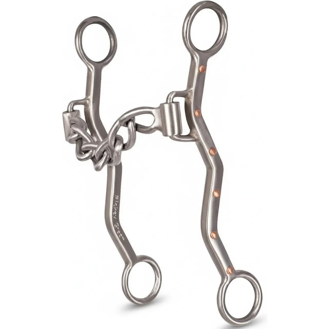 Classic Equine Rickey Green Chain Shank Bit featuring a 5-inch flexible chain mouth and 7-inch curved silver shanks with decorative copper inlays. Engineered for superior team roping control and balance, this high-quality stainless steel western horse bit provides responsive lateral movement and subtle communication. An essential performance gear choice for competitive ropers and horse training enthusiasts seeking precision and professional results.