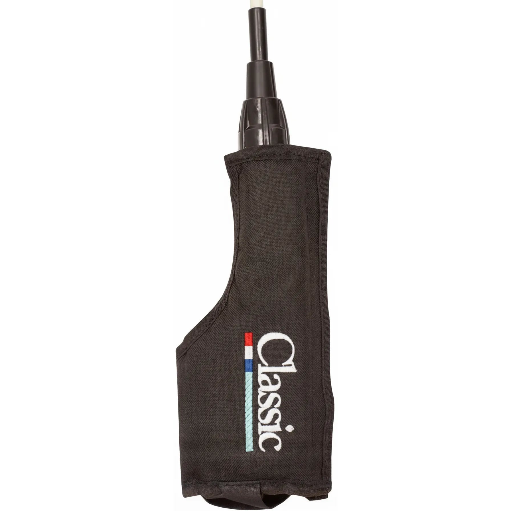 Classic Equine Rope Cattle Prod Holder, a handcrafted heavy-duty tool holster in black fabric. It features a vertical white "Classic" logo with red, navy, and teal stripes. Designed for secure livestock handling, it attaches easily to a belt, saddle, or ATV. The top shows a black cattle prod handle tucked into the rugged sleeve, making it an essential piece of durable ranch gear for farmers and cattlemen.