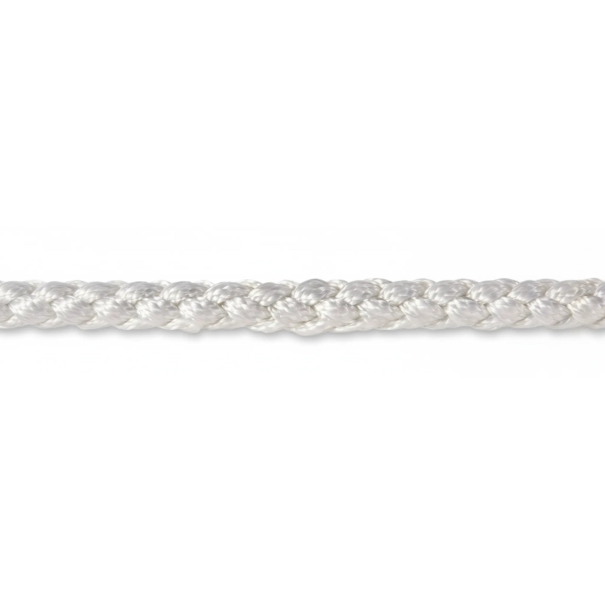 Close-up detail of the durable, high-quality white braided rope used in the Classic Equine Rope Halter & Lead. This hardware-free training tool features a tight, professional weave designed for clear communication and long-lasting use. Ideal for natural horsemanship, groundwork, and daily horse care, this pristine white lead rope offers both strength and style for equestrians seeking premium equine gear.