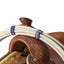 Blue Classic Equine elastic rope strap securing a white coiled lariat to the swell of a tooled brown leather western saddle. This universal fit rope holder is essential gear for roping and ranch work, keeping your rope neatly organized and accessible on the saddle horn. Perfect for cowboys and cowgirls needing durable, functional horse tack.