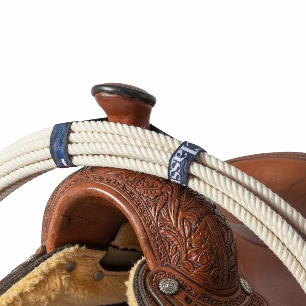 Blue Classic Equine elastic rope strap securing a white coiled lariat to the swell of a tooled brown leather western saddle. This universal fit rope holder is essential gear for roping and ranch work, keeping your rope neatly organized and accessible on the saddle horn. Perfect for cowboys and cowgirls needing durable, functional horse tack.
