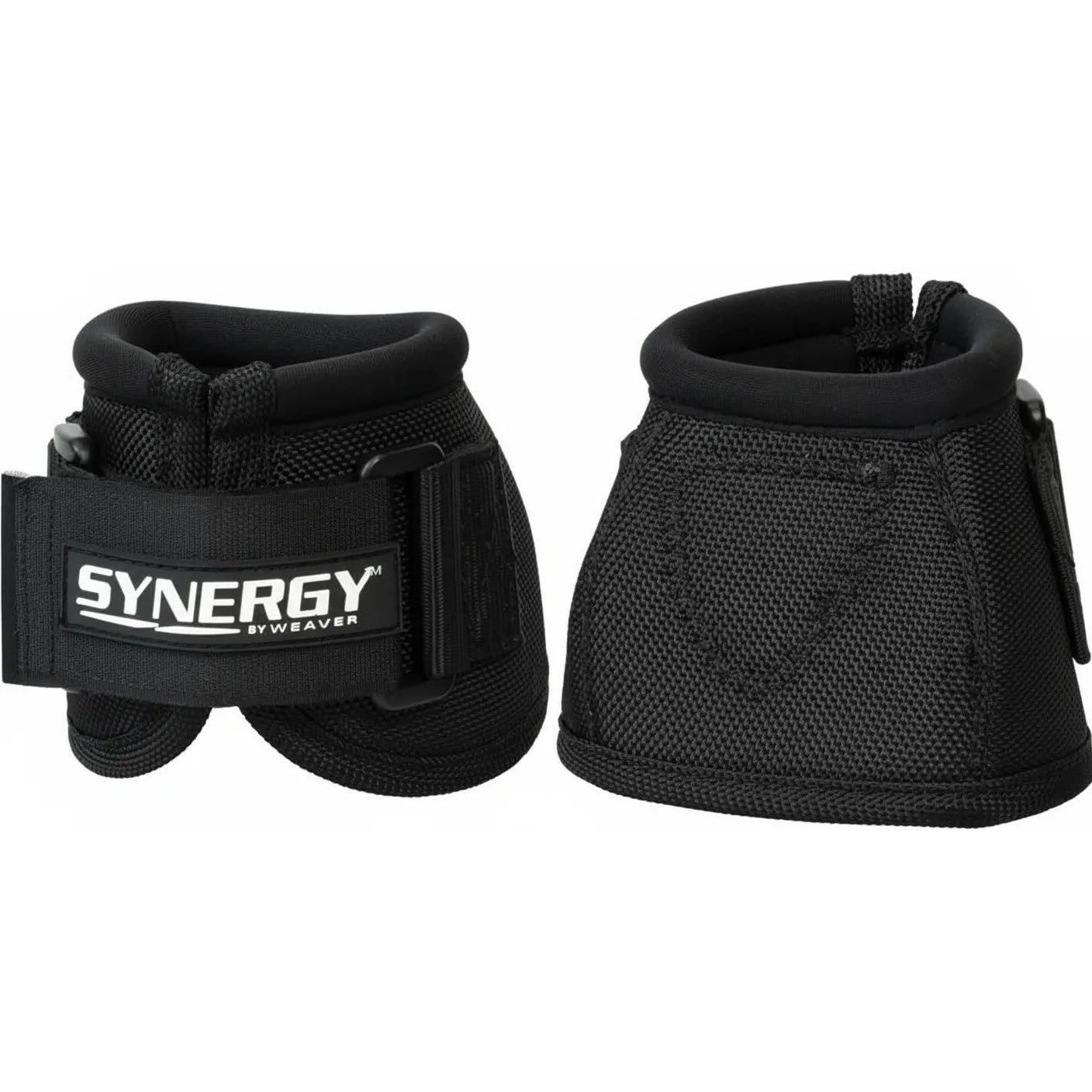Classic Equine Synergy Bell Boots in black, crafted from heavy-duty 2520D ballistic nylon for ultimate durability. This pair features a secure Xtended Life hook and loop closure with a prominent "Synergy by Weaver" logo. Designed with a padded neoprene roll for comfort and impact protection, these small horse boots help prevent overreaching injuries during training, riding, or turnout. High-performance equine gear for protective hoof care.