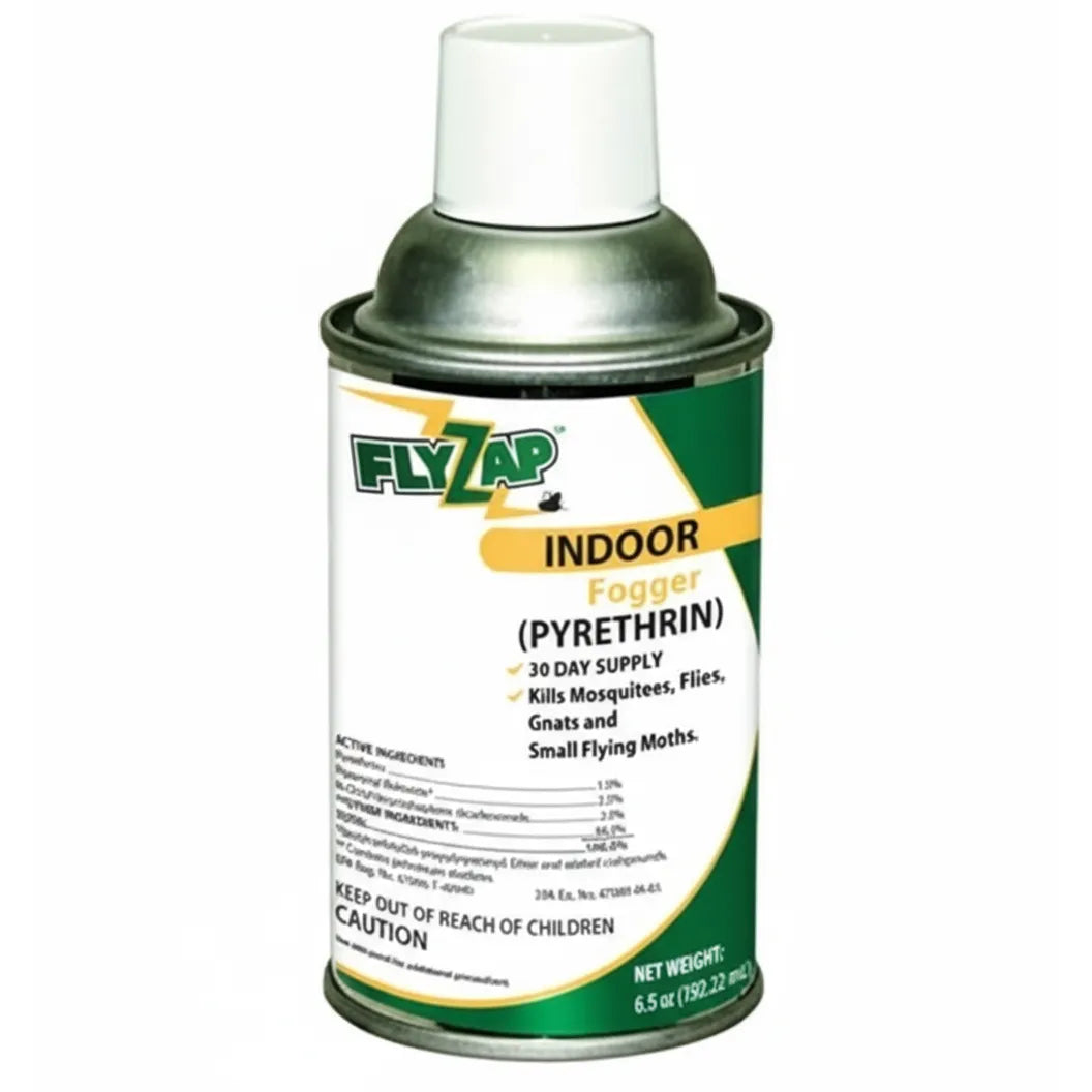 Country Vet Fly Zap Indoor Fogger, a 6.5 oz aerosol can with a white, green, and yellow label. This 30-day supply uses pyrethrin to kill mosquitoes, flies, gnats, and small flying moths. Ideal for indoor pest control and bug-free living, the can features a white safety cap and clear active ingredient listings. Effective fly zap fogger for reliable home insect protection.