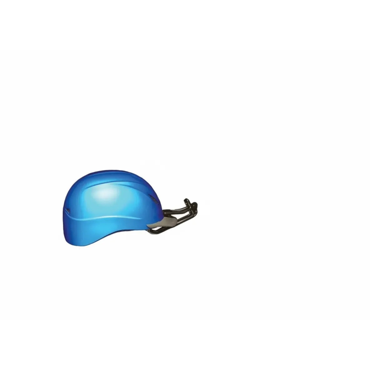 Cowboy Magic Equestrian Horse Helmet & Hat Holder featuring durable black rubber-coated steel construction. This universal storage rack is shown securely holding a glossy blue riding helmet, illustrating a perfect organization solution for tack rooms and horse trailers. Protect your safety gear with this space-saving wall-mounted hook designed for equestrian enthusiasts and professional stables.