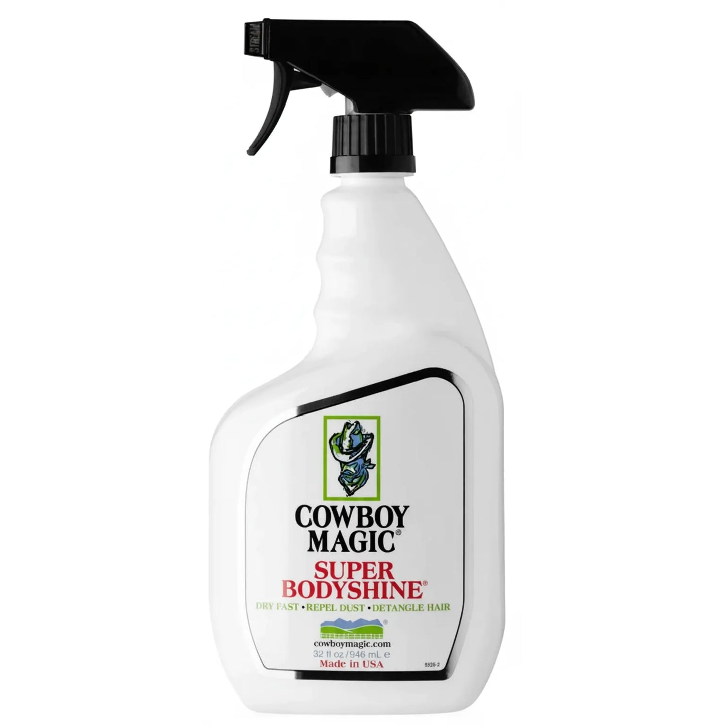 Cowboy Magic Super BodyShine horse grooming spray in a 32 oz white bottle with a black trigger spray nozzle. This fast-drying coat shine spray repels dust and detangles manes and tails, leaving a high-gloss finish. Ideal for horse shows and daily grooming to keep coats clean and radiant. Key features include "Dry Fast," "Repel Dust," and "Detangle Hair." Made in the USA.