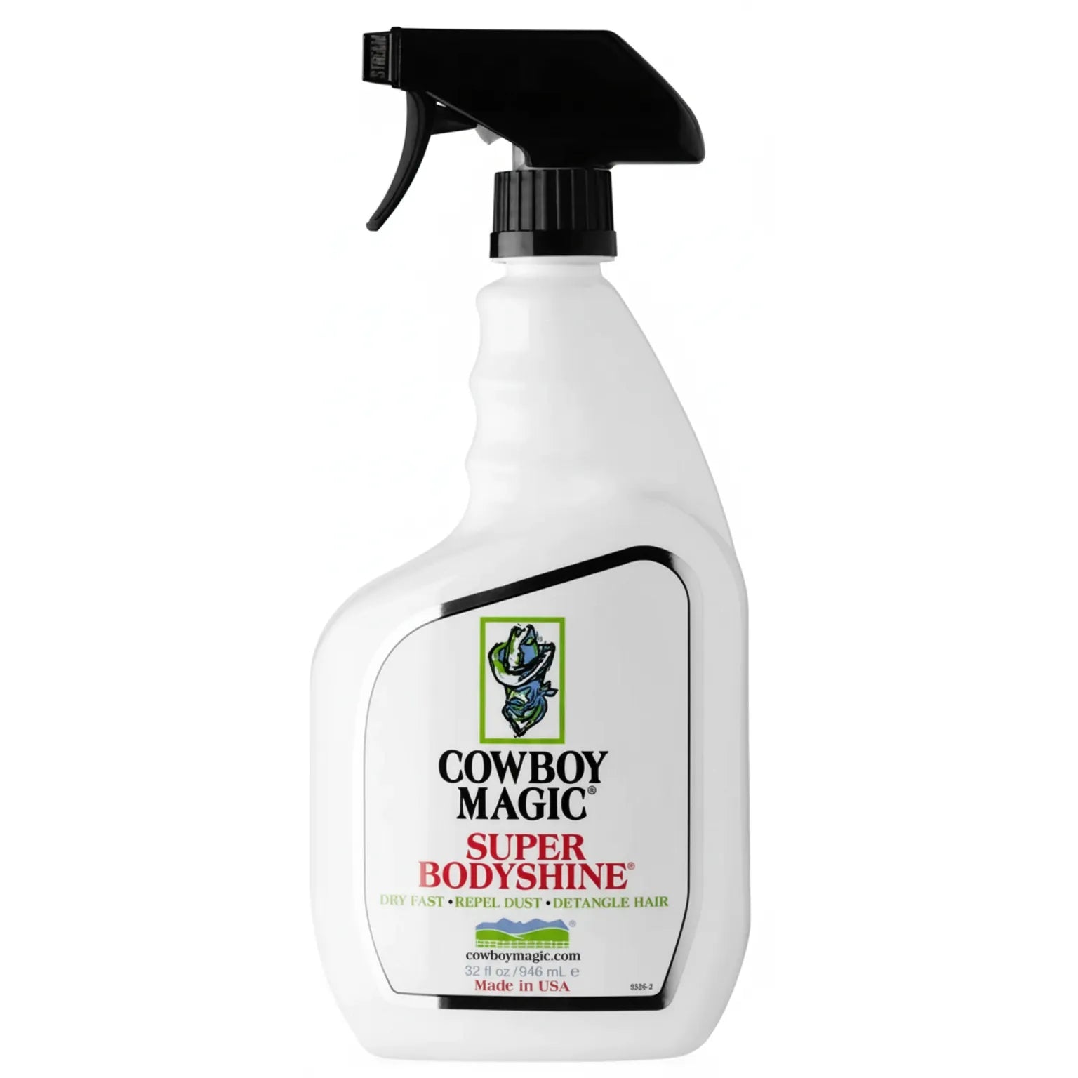 Cowboy Magic Super BodyShine horse grooming spray in a 32 oz white bottle with a black trigger spray nozzle. This fast-drying coat shine spray repels dust and detangles manes and tails, leaving a high-gloss finish. Ideal for horse shows and daily grooming to keep coats clean and radiant. Key features include "Dry Fast," "Repel Dust," and "Detangle Hair." Made in the USA.