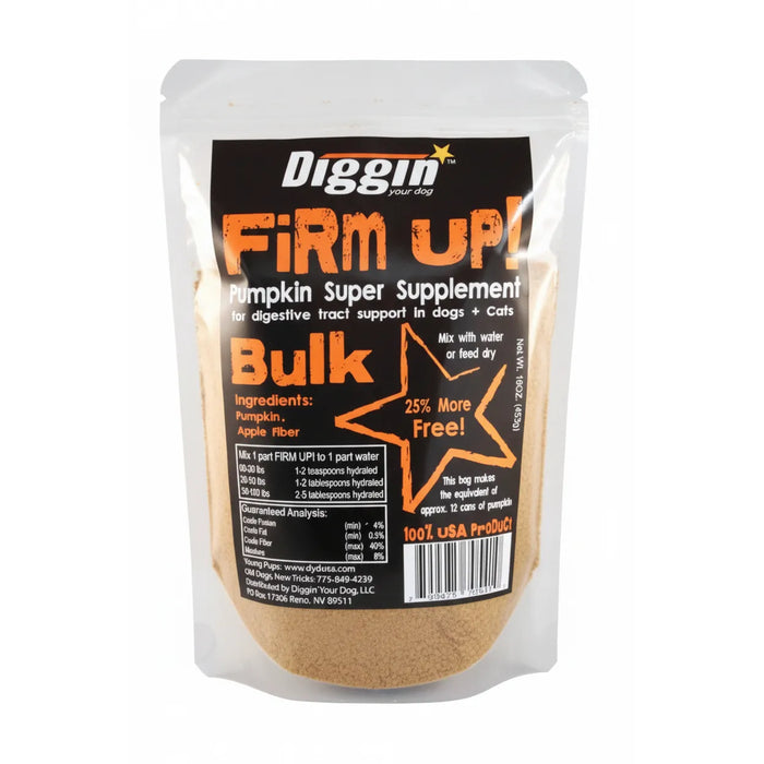 Diggin' Your Dog Firm Up! Pumpkin Super Supplement Bulk 16oz pouch. This 100% USA-grown pumpkin and apple fiber powder provides fast digestive relief for dogs and cats experiencing diarrhea or constipation. The clear stand-up bag showcases the fine, light brown fiber supplement. Easy to use—just mix with water or add to food. A natural, effective way to support your pet's gut health and firm up stools. Perfect for pet parents seeking a healthy, high-fiber addition to meals.