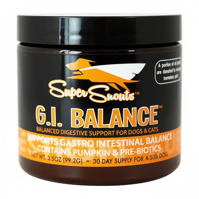 Super Snouts G.I. Balance Digestive Support for dogs and cats in a 3.5oz dark jar. The orange and black label highlights gastrointestinal balance support containing pumpkin and pre-biotics for gas and diarrhea relief. Provides a 30-day supply for a 50lb dog. Ideal for natural pet health, this supplement promotes gut wellness and balanced digestion in furry companions.