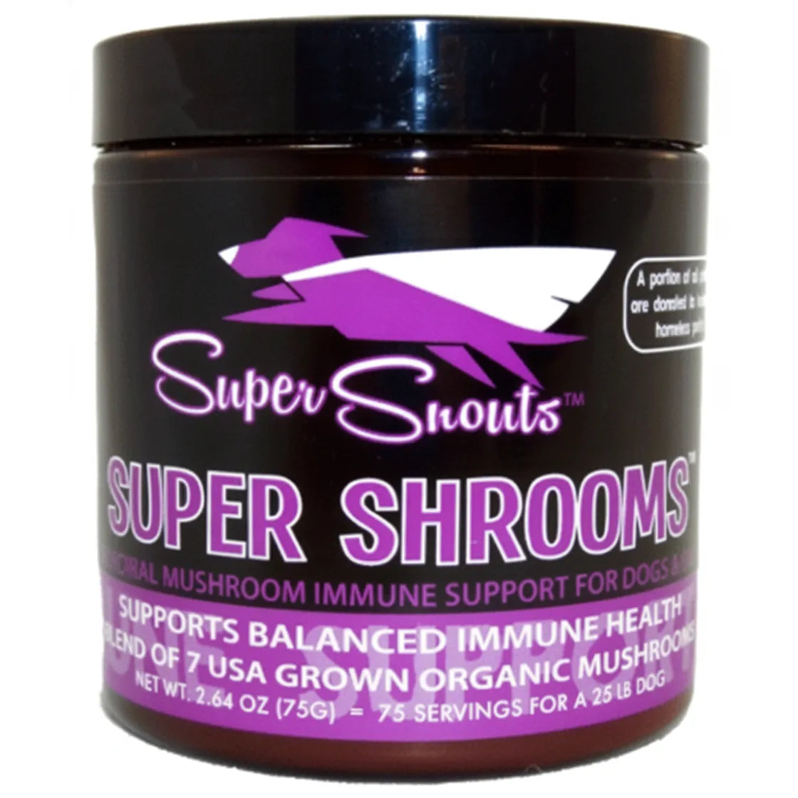 Diggin Super Snouts Super Shrooms - 7 Medicinal Mushroom Blend Dog Immunity & Detox Supplement in a black jar with a purple label. Features a white and purple jumping dog logo and text indicating support for balanced immune health. This organic mushroom powder contains 7 USA grown medicinal mushrooms, providing 75 servings for a 25 lb dog. Perfect for pet owners looking for natural immune boosters and wellness supplements for dogs and cats.