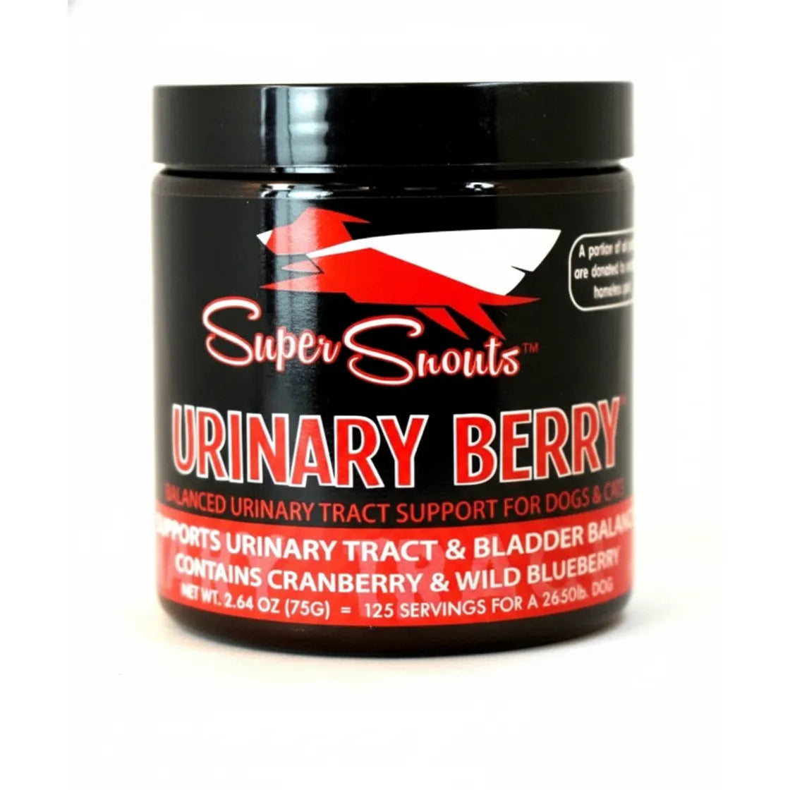 Super Snouts Urinary Berry natural supplement in a black jar, offering holistic urinary tract and bladder support for dogs and cats. This cranberry and wild blueberry formula provides 125 servings for pet UTI relief and long-term health. The label features bold red "URINARY BERRY" text, perfect for pet owners searching for effective, fruit-based urinary health solutions for their furry friends.