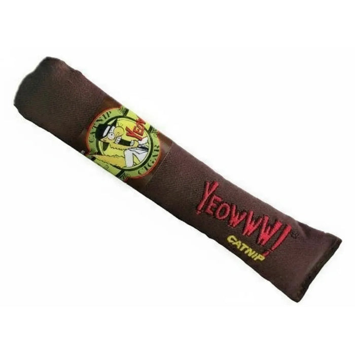 Ducky World Yeowww! 7-inch organic catnip cigar kicker toy in dark brown with red 'YEOWWW!' embroidery and a green cartoon label. This durable cotton toy is packed with 100% organic catnip, making it the perfect kicker for barn cats and active felines to bite, bat, and bunny-kick. A quirky and potent cat toy for long-lasting play.