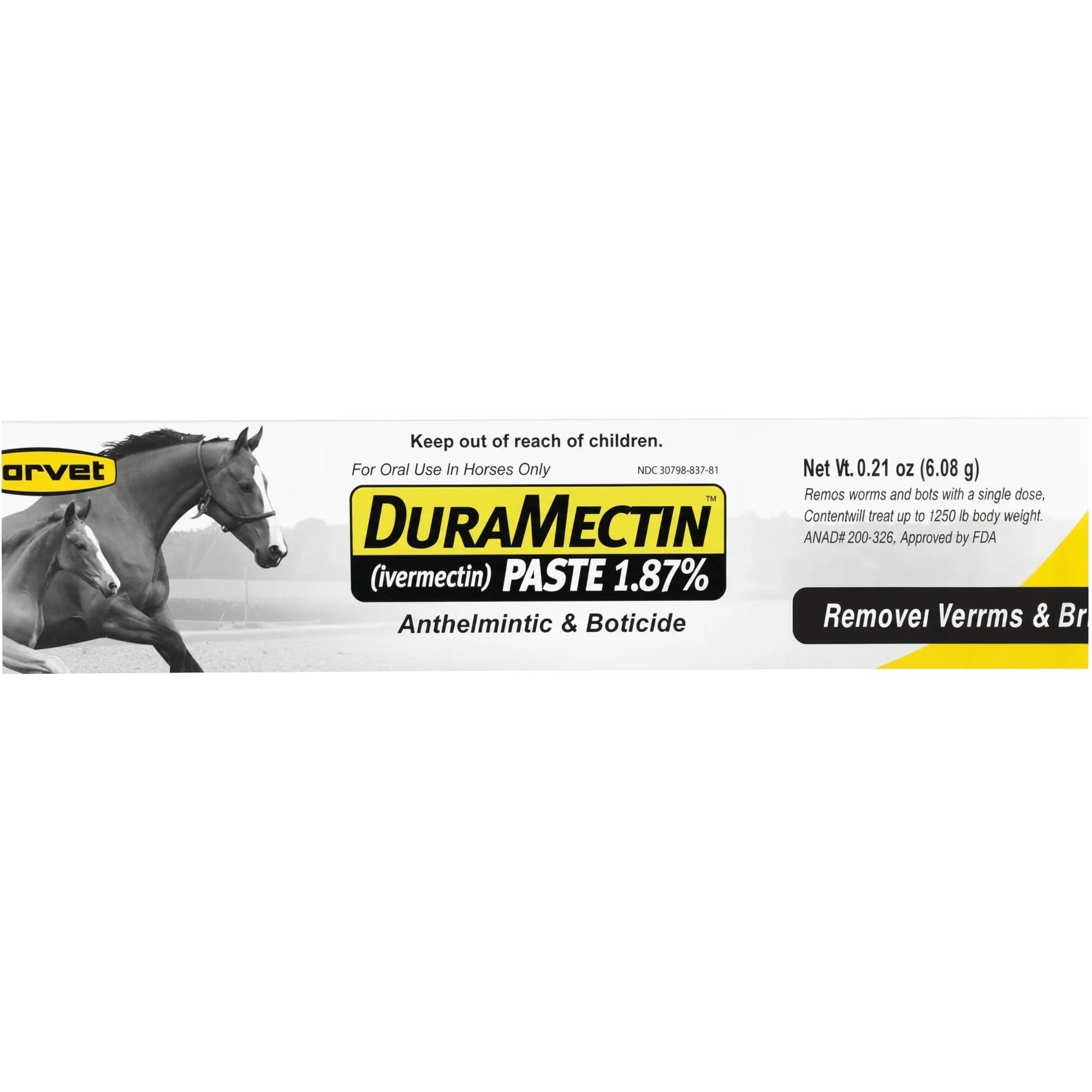 Durvet DuraMectin 1.87% Ivermectin Paste horse wormer label featuring a mare and foal. This broad-spectrum anthelmintic and boticide comes in a 0.21 oz (6.08 g) tube designed for oral use in horses only. It effectively removes worms and bots in a single dose, treating up to 1,250 lbs of body weight. The yellow and black packaging highlights the effective ivermectin formula for reliable equine parasite control and horse health maintenance.