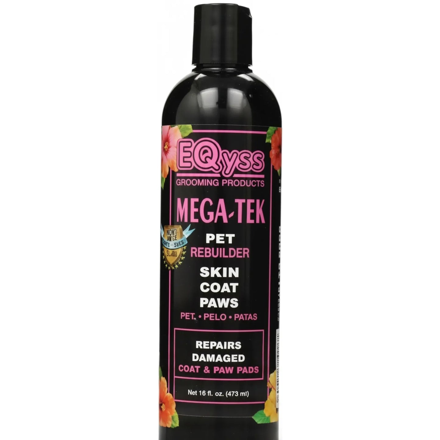 EQyss Mega-Tek Pet Rebuilder 16oz bottle. This professional-grade coat rebuilder and hair strengthener repairs damaged skin, fur, and paw pads. Features a sleek black bottle with pink typography and tropical hibiscus accents. Stimulates hair growth and restores health to your pet’s coat. Ideal for dogs, cats, and horses needing skin repair or a thicker, stronger coat.