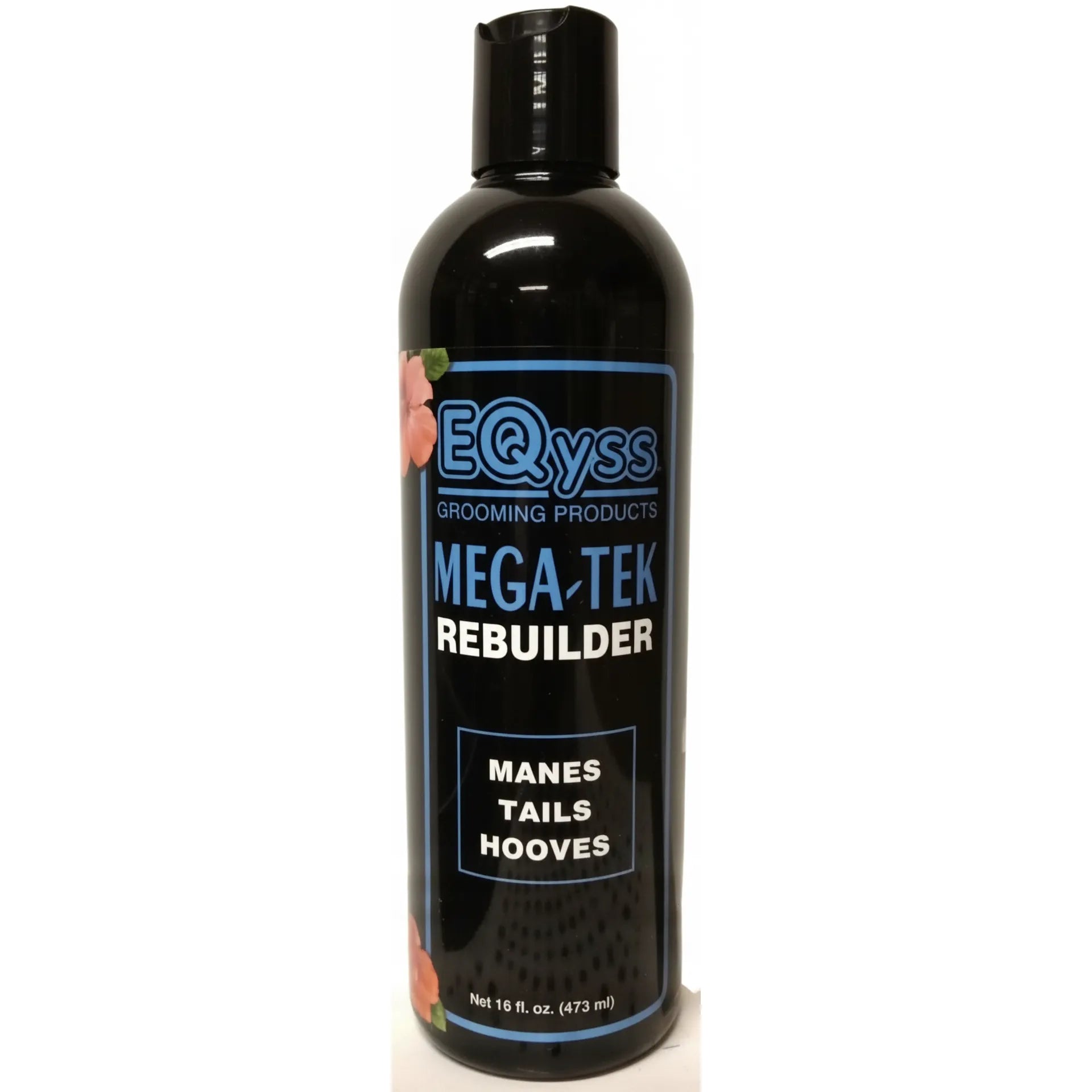 Eqyss Mega-Tek Rebuilder in a 16 oz black bottle, a keratin-infused formula designed to strengthen horse hair, hooves, and skin. This essential equestrian grooming product promotes rapid growth for manes, tails, and brittle hooves. The sleek black packaging features a blue and white label with floral accents, highlighting its use as a powerful coat rebuilder and strengthener. Perfect for horse owners looking to improve hair health and hoof durability.