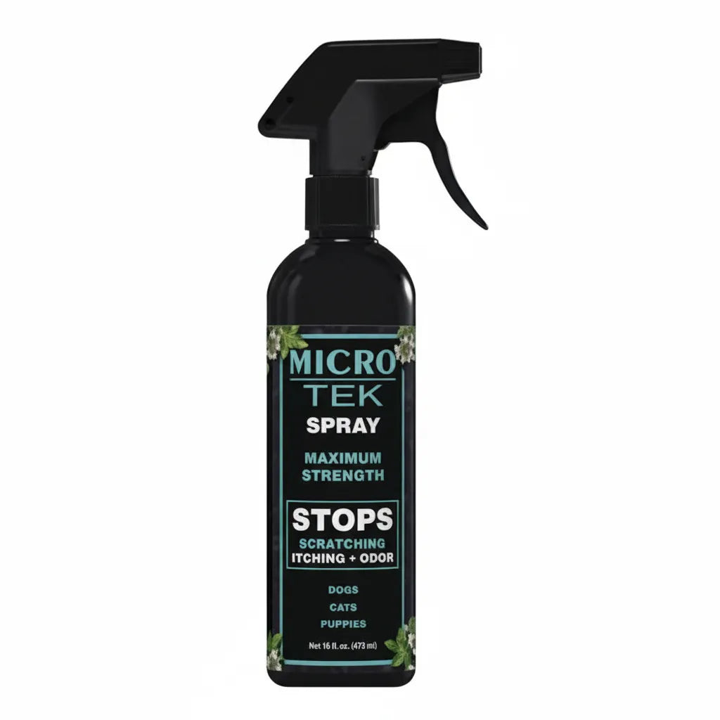 Eqyss Micro Tek Medicated Spray in a 16 oz black trigger spray bottle. This maximum strength formula provides fast relief for scratching, itching, and odor in dogs, cats, and horses. The sleek teal and white label emphasizes its effectiveness against hot spots and skin irritations. A professional-grade pet care essential designed to soothe and heal irritated skin, perfect for maintaining a healthy and comfortable coat.