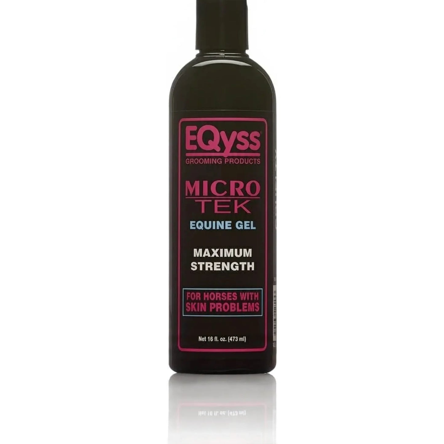 Eqyss Micro-Tek Equine Gel in a 16 oz black bottle, a maximum strength medicated treatment for horses with skin problems. This fast-acting gel provides 24-hour relief from sweet itch, summer itch, and irritated skin. Featuring a sleek black design with pink and blue text, it's an essential grooming product for equine skin health. Ideal for horse owners looking to soothe itchy skin and promote comfort with a trusted, long-lasting formula.