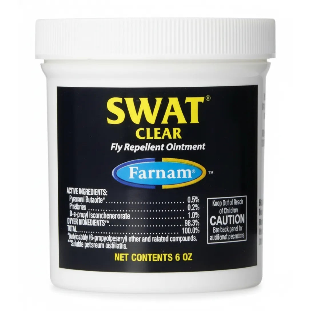 Farnam Swat Clear Fly Repellent Ointment for horses in a 6 oz white jar. This sweat-resistant formula provides targeted insect protection for sensitive areas like ears and facial wounds. The clear ointment effectively repels flies, gnats, and mosquitoes without leaving a messy residue. Essential equestrian grooming supply for long-lasting fly control during summer riding and turnout.