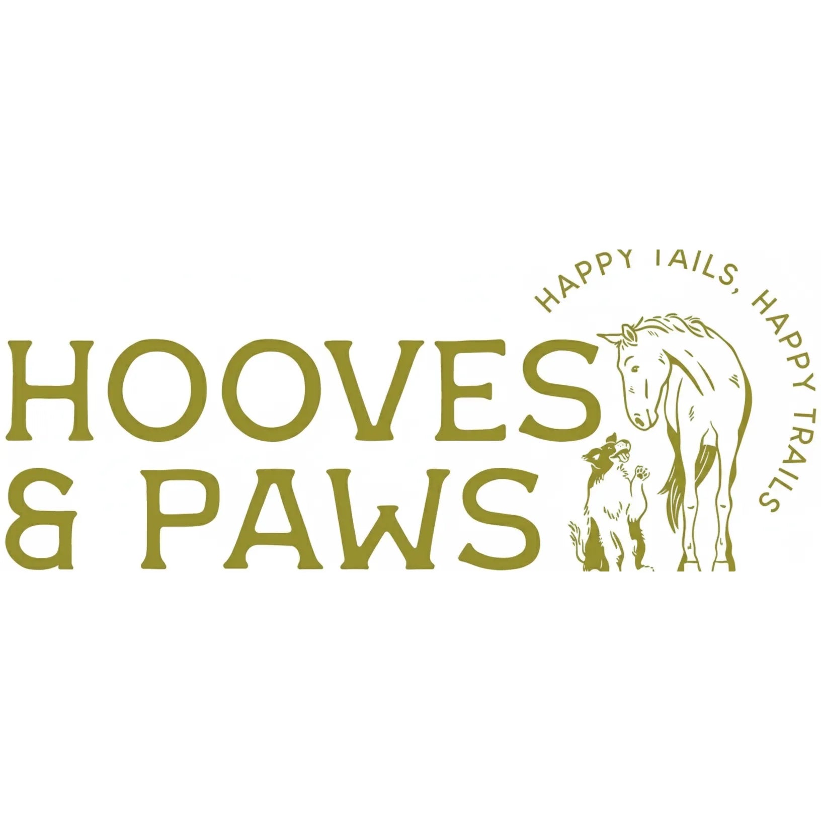 Hooves and Paws digital gift card featuring an olive green logo with a horse and dog illustration and the tagline "Happy Tails, Happy Trails." This versatile gift for pet and horse owners is redeemable online and in-store. Perfect for equestrian and dog lovers, it offers instant email delivery and no expiry date. Shareable and enticing, it’s the ideal gift for animal enthusiasts looking for quality pet supplies, horse gear, and gifts for pet parents.