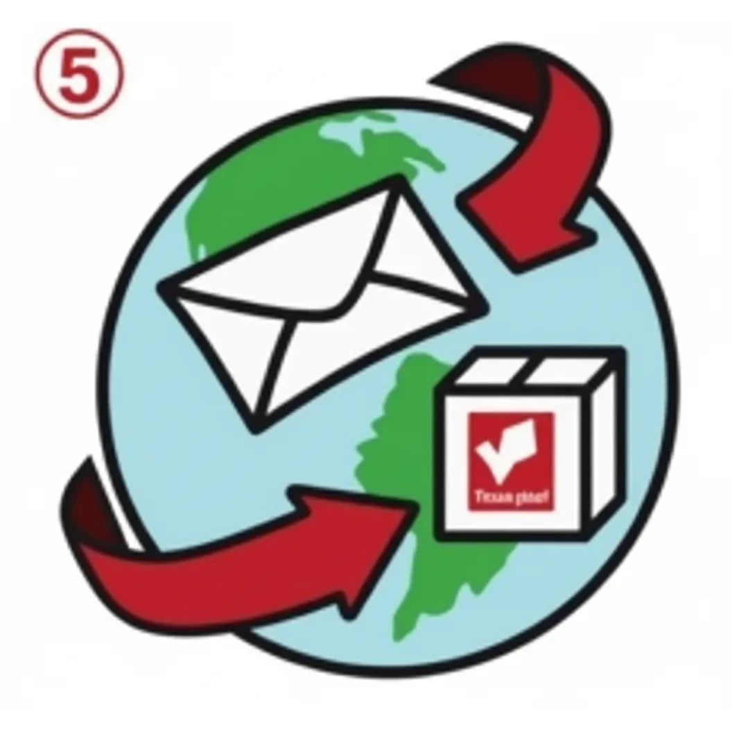 Illustration of a globe with a white mailing envelope and shipping package, surrounded by red circular arrows indicating worldwide movement. Represents the Hooves and Paws flat rate international shipping fee for horse and pet essentials. This $23.99 global delivery option ensures horse lovers and pet owners worldwide can easily order quality equestrian gear and animal care supplies.