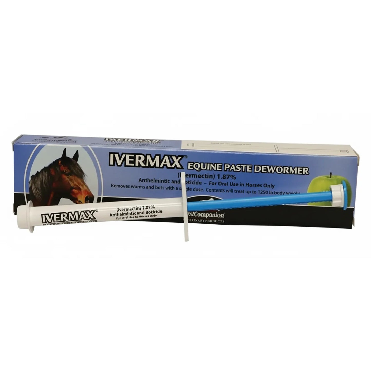 Ivermax Ivermectin 1.87% Horse Wormer Paste in a white syringe with a blue plunger, featuring an apple-flavored formula for easy oral administration. This broad-spectrum equine dewormer treats up to 1250 lbs, effectively removing worms and bots in a single dose. The blue and white box displays a horse and green apple, highlighting this essential anthelmintic and boticide for horse health and parasite control.