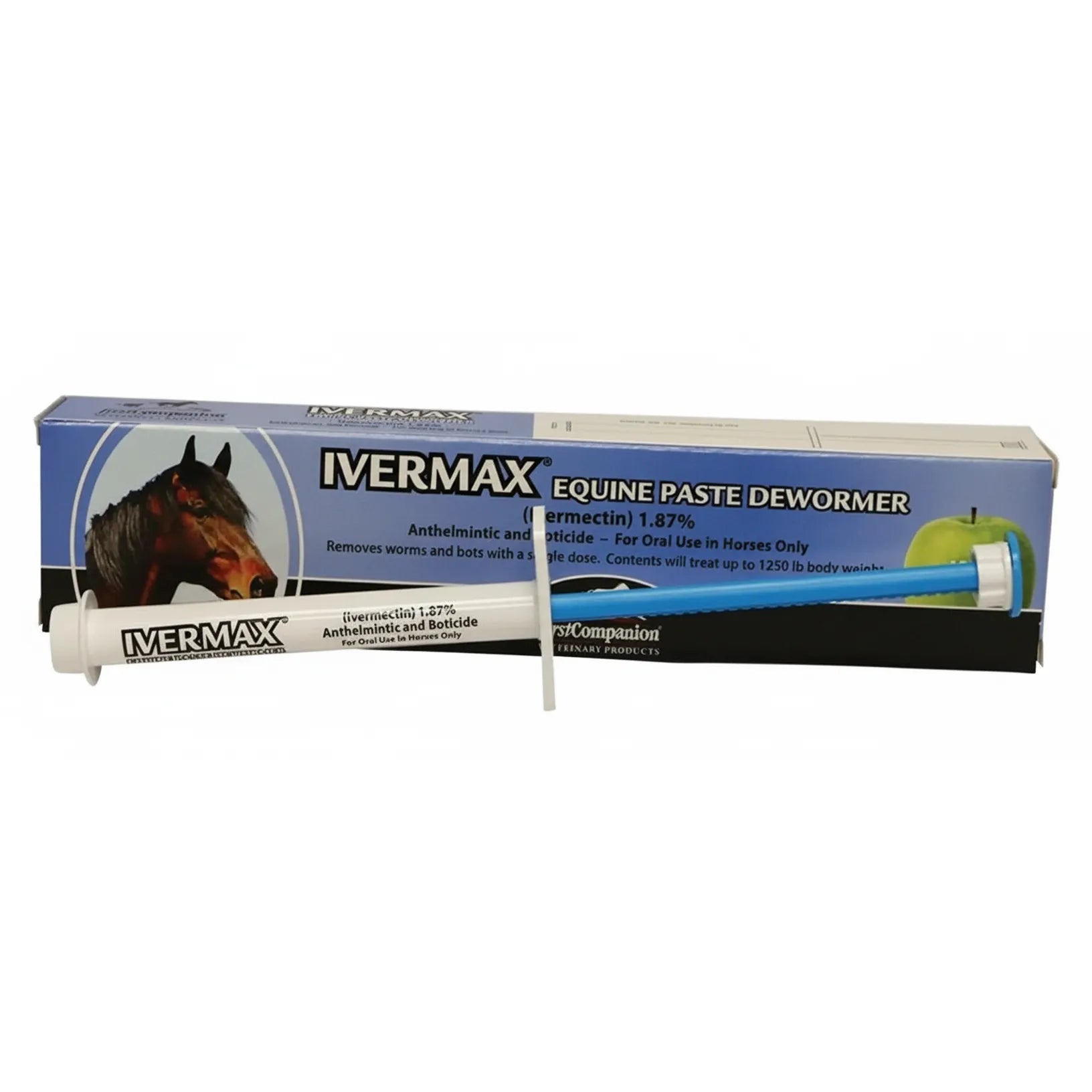 Ivermax Ivermectin 1.87% Horse Wormer Paste in a white syringe with a blue plunger, featuring an apple-flavored formula for easy oral administration. This broad-spectrum equine dewormer treats up to 1250 lbs, effectively removing worms and bots in a single dose. The blue and white box displays a horse and green apple, highlighting this essential anthelmintic and boticide for horse health and parasite control.