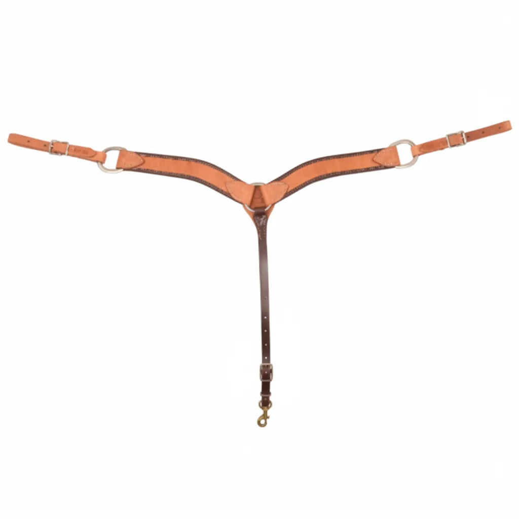 Martin Saddlery 2-inch Harness Leather Breastcollar BCW200H featuring hand-oiled natural leather with a decorative dark brown latigo wrap along the edges. This durable western horse breastcollar includes silver-tone hardware, D-rings, and an adjustable center strap with a brass-tone snap hook. Premium equestrian tack designed for comfort and style in the arena or on the trail.
