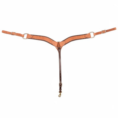 Martin Saddlery 2-inch Harness Leather Breastcollar BCW200H featuring hand-oiled natural leather with a decorative dark brown latigo wrap along the edges. This durable western horse breastcollar includes silver-tone hardware, D-rings, and an adjustable center strap with a brass-tone snap hook. Premium equestrian tack designed for comfort and style in the arena or on the trail.