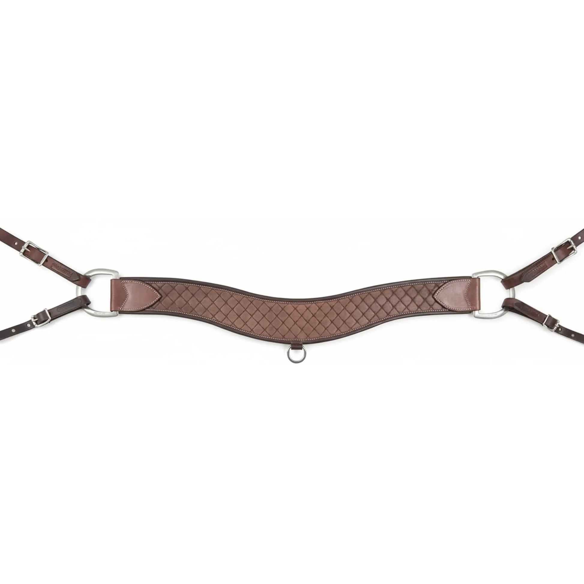 Martin Saddlery 4-inch Steer Roper Breastcollar featuring rich, hand-oiled brown leather with a quilted diamond tooling pattern. This durable Western breastcollar showcases a wide 4" contoured design, heavy-duty stainless steel D-rings, and adjustable tug straps with silver buckles. Perfect for roping and ranch work, it combines superior craftsmanship with a classic aesthetic for professional equestrian performance.