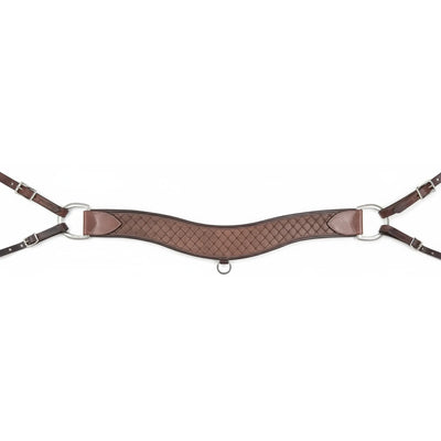 Martin Saddlery 4-inch Steer Roper Breastcollar featuring rich, hand-oiled brown leather with a quilted diamond tooling pattern. This durable Western breastcollar showcases a wide 4" contoured design, heavy-duty stainless steel D-rings, and adjustable tug straps with silver buckles. Perfect for roping and ranch work, it combines superior craftsmanship with a classic aesthetic for professional equestrian performance.