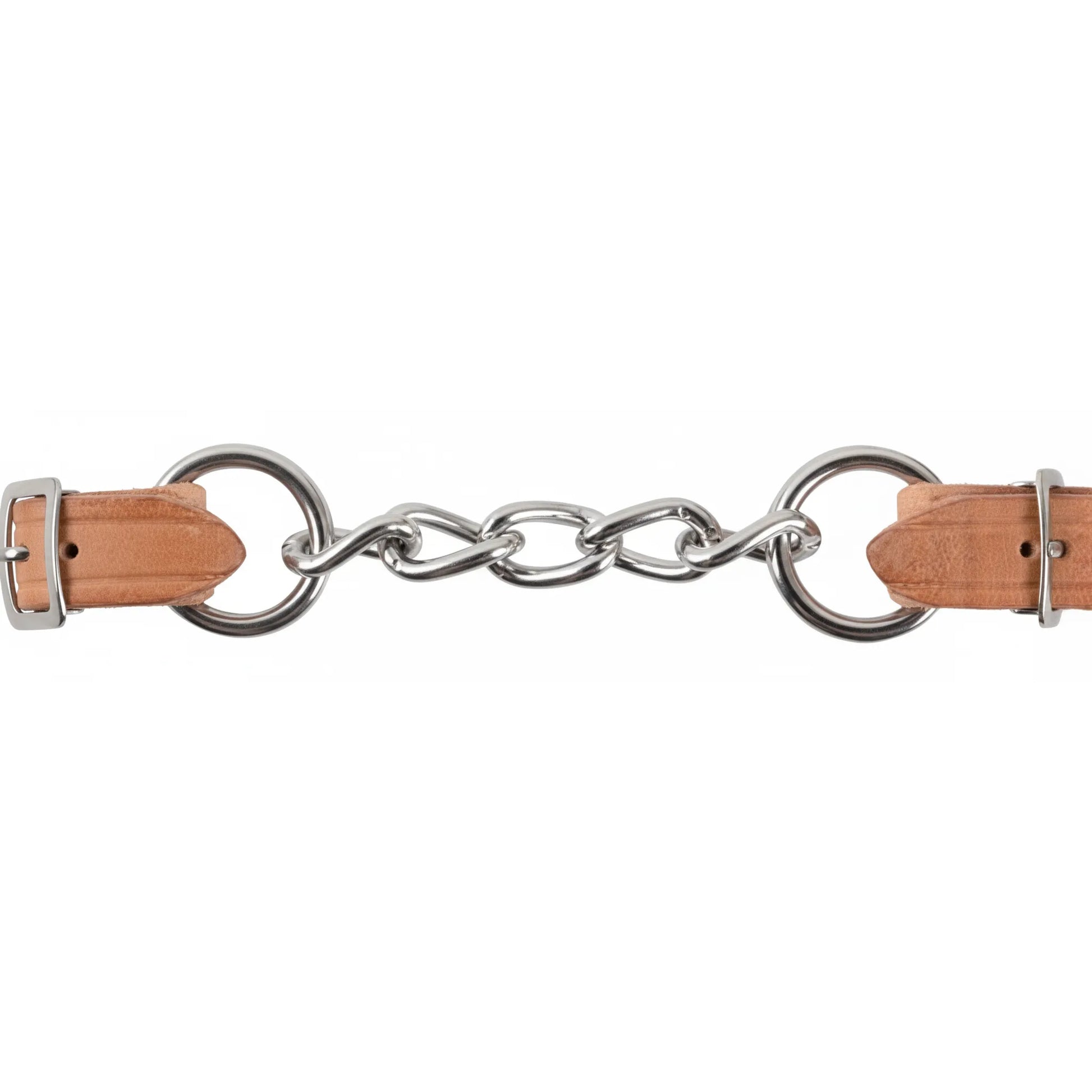 Martin Saddlery 5-Link Harness Leather Curb Strap crafted from premium light tan Hermann Oak leather. This high-quality equestrian accessory features a durable stainless steel 5-link chain center and matching stainless steel buckles for secure, adjustable attachment to Western bits. Designed for durability and refined communication, it's a must-have piece of professional horse tack for any Western rider's bridle setup.