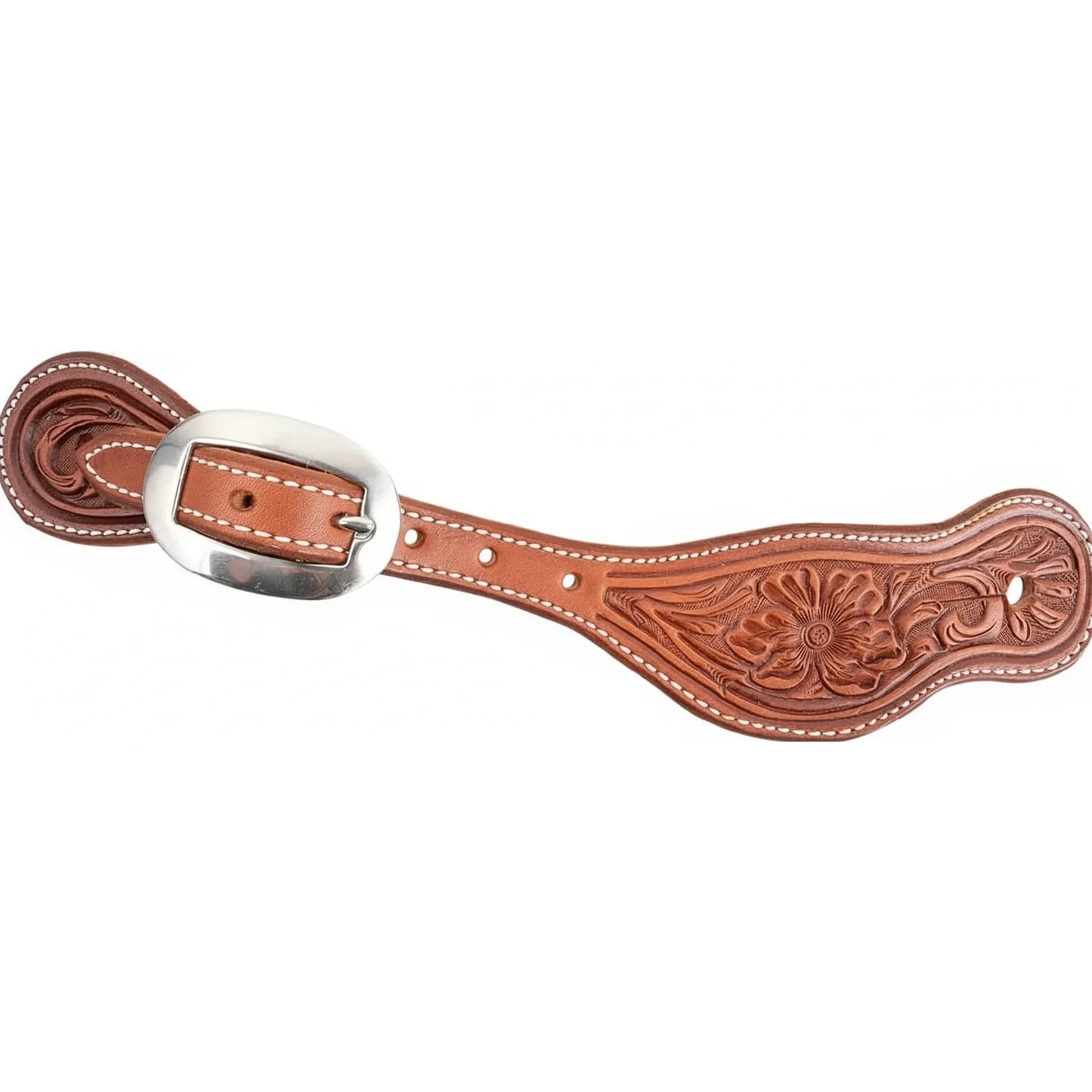 Martin Saddlery Alpine Flower Cowboy Spur Straps crafted from rich chestnut skirting leather. This Western horse tack features intricate floral hand-tooling, durable white contrast stitching, and a polished oval stainless steel buckle. Perfect for riders seeking premium tooled leather equestrian accessories with a classic Western aesthetic.
