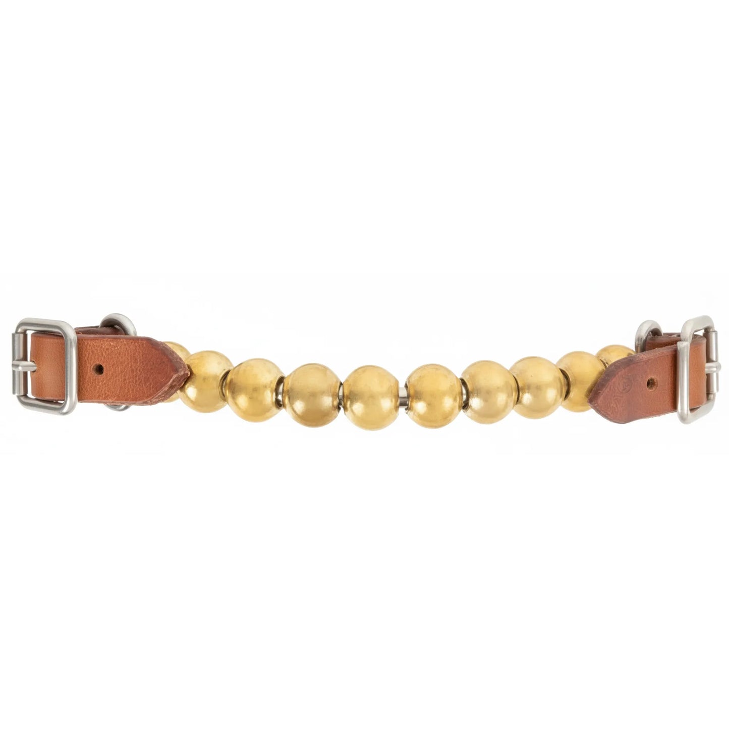 Martin Saddlery Brass Ball Curb Strap featuring a series of polished brass spheres centered between premium brown harness leather tabs. This adjustable equestrian accessory includes stainless steel buckles at both ends for a custom fit on a horse's bit. Durable and stylish western horse tack designed for both performance and show.