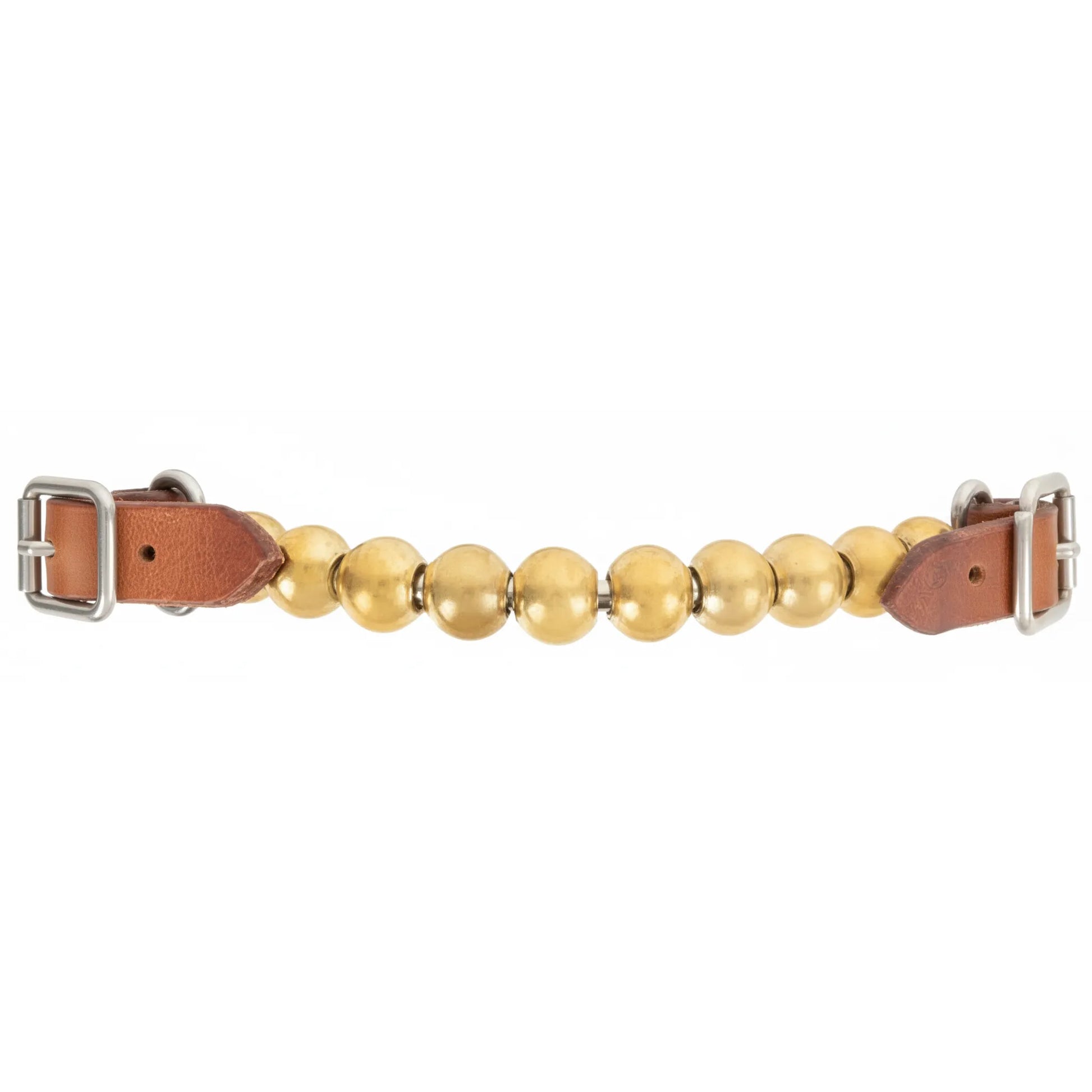 Martin Saddlery Brass Ball Curb Strap featuring a series of polished brass spheres centered between premium brown harness leather tabs. This adjustable equestrian accessory includes stainless steel buckles at both ends for a custom fit on a horse's bit. Durable and stylish western horse tack designed for both performance and show.