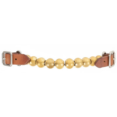 Martin Saddlery Brass Ball Curb Strap featuring a series of polished brass spheres centered between premium brown harness leather tabs. This adjustable equestrian accessory includes stainless steel buckles at both ends for a custom fit on a horse's bit. Durable and stylish western horse tack designed for both performance and show.